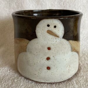 Studio Pottery Adorable Redware SNOWMAN crock Mug Cup Artist Signed
